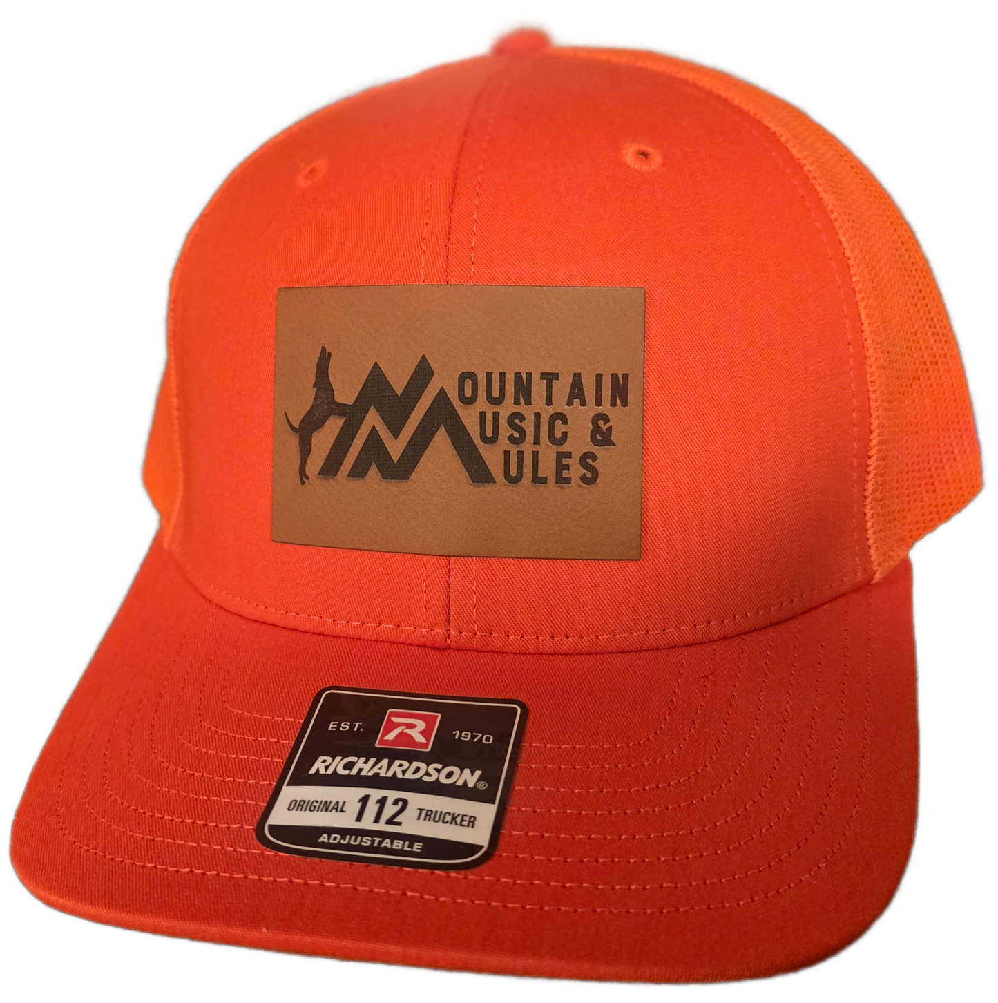 Hat, Richardson 112, Modern Trucker- Blaze Orange with Leather Patch, MMM Logo