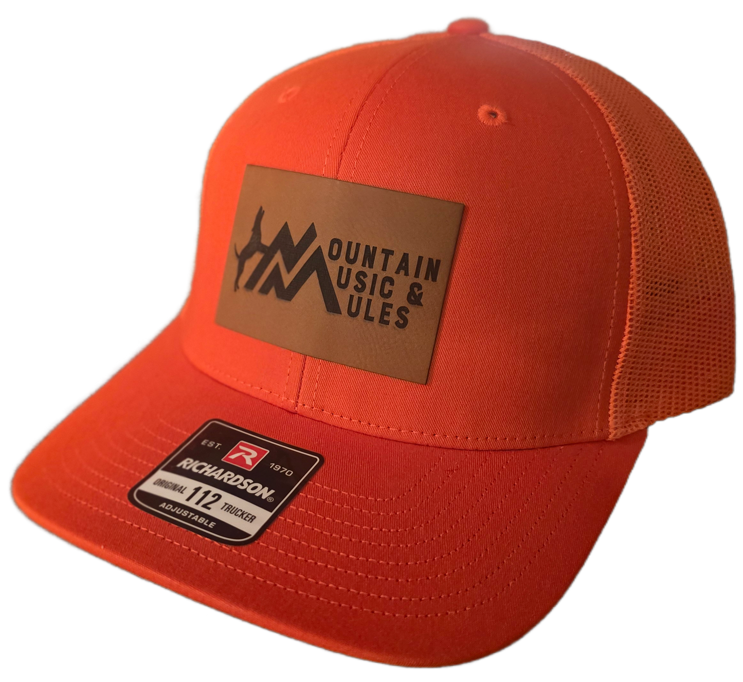 Hat, Richardson 112, Modern Trucker- Blaze Orange with Leather Patch, MMM Logo