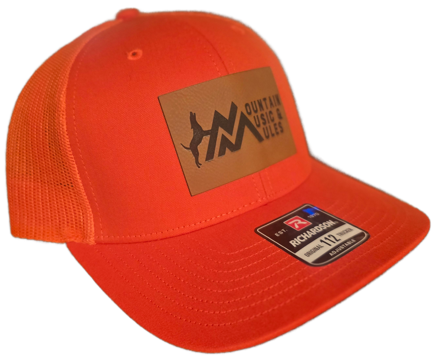 Hat, Richardson 112, Modern Trucker- Blaze Orange with Leather Patch, MMM Logo