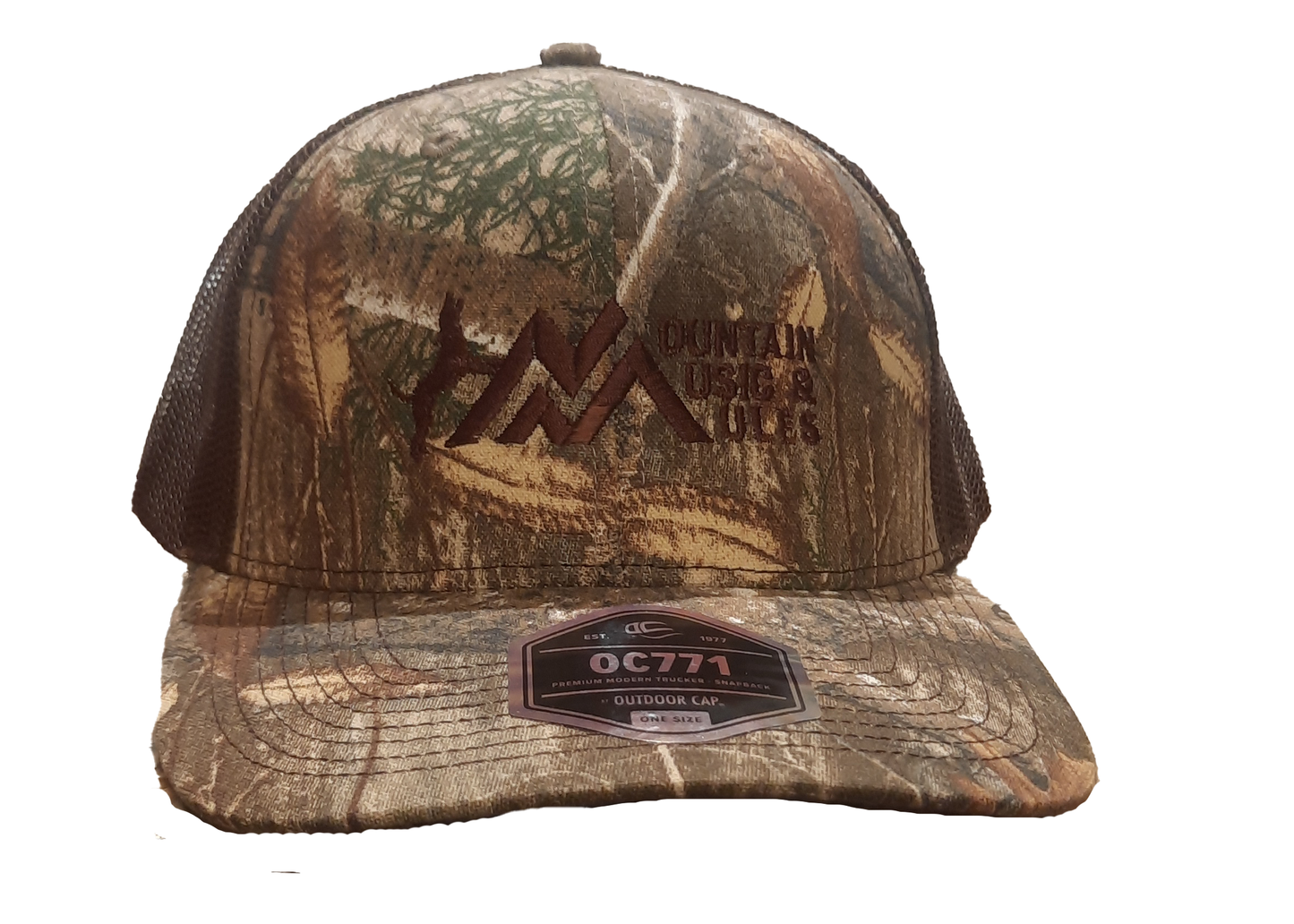 Hat-Modern Trucker, Realtree Camo with Dark Brown, MMM Logo